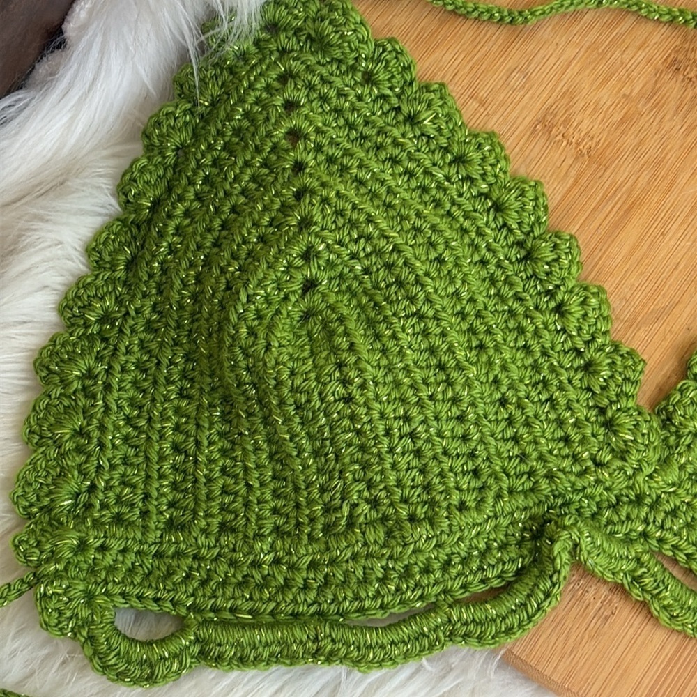 Handmade Cropped Top Crochet Bikini Green Metallic Festival Fashion Small - Picture 5 of 8